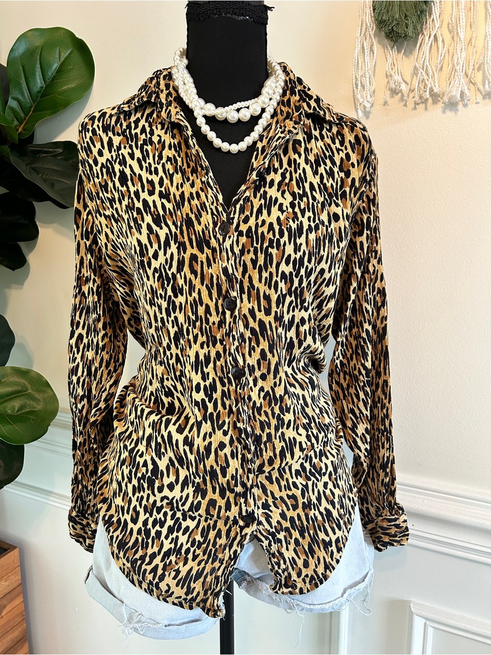 Leopard Print Button-Up Shirt — Beige/Tan